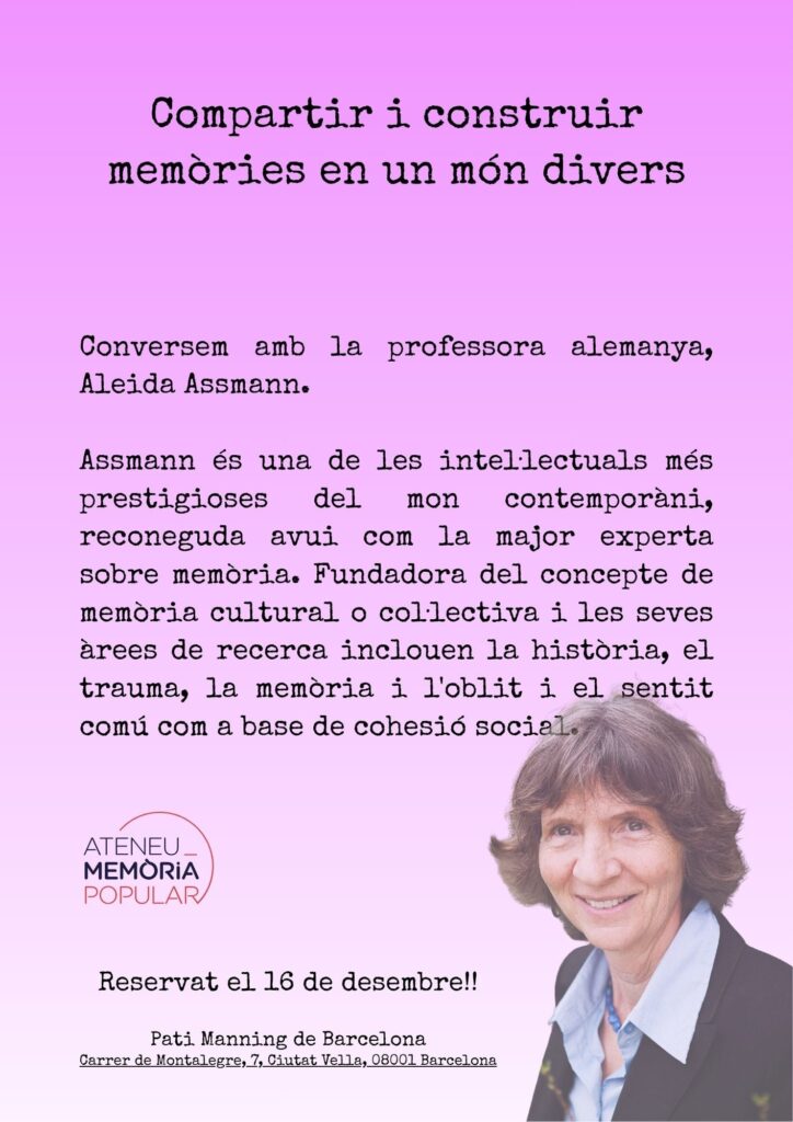 Conversem amb la professora alemanya, Aleida Assmann.Assmann és una de les intel·lectuals més prestigioses del món contemporani, reconeguda avui com la major experta sobre memòria. Fundadora del concepte de memòria cultural o col·lectiva i les seves àrees de recerca inclouen la història, el trauma, la memòria i l'oblit i el sentit comú com a base de cohesió social.