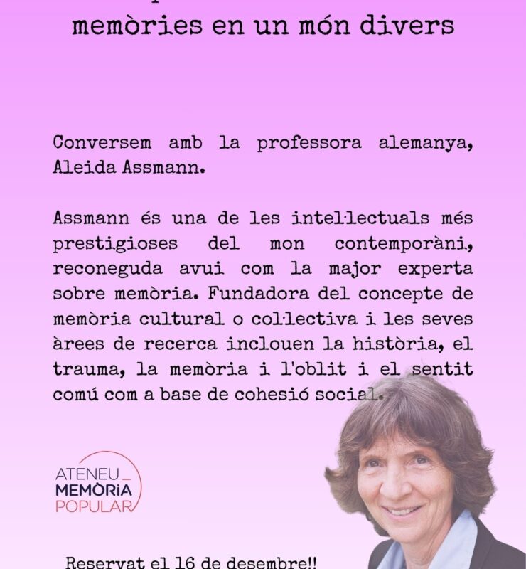 Conversem amb la professora alemanya, Aleida Assmann. Assmann és una de les intel·lectuals més prestigioses del món contemporani, reconeguda avui com la major experta sobre memòria. Fundadora del concepte de memòria cultural o col·lectiva i les seves àrees de recerca inclouen la història, el trauma, la memòria i l'oblit i el sentit comú com a base de cohesió social.