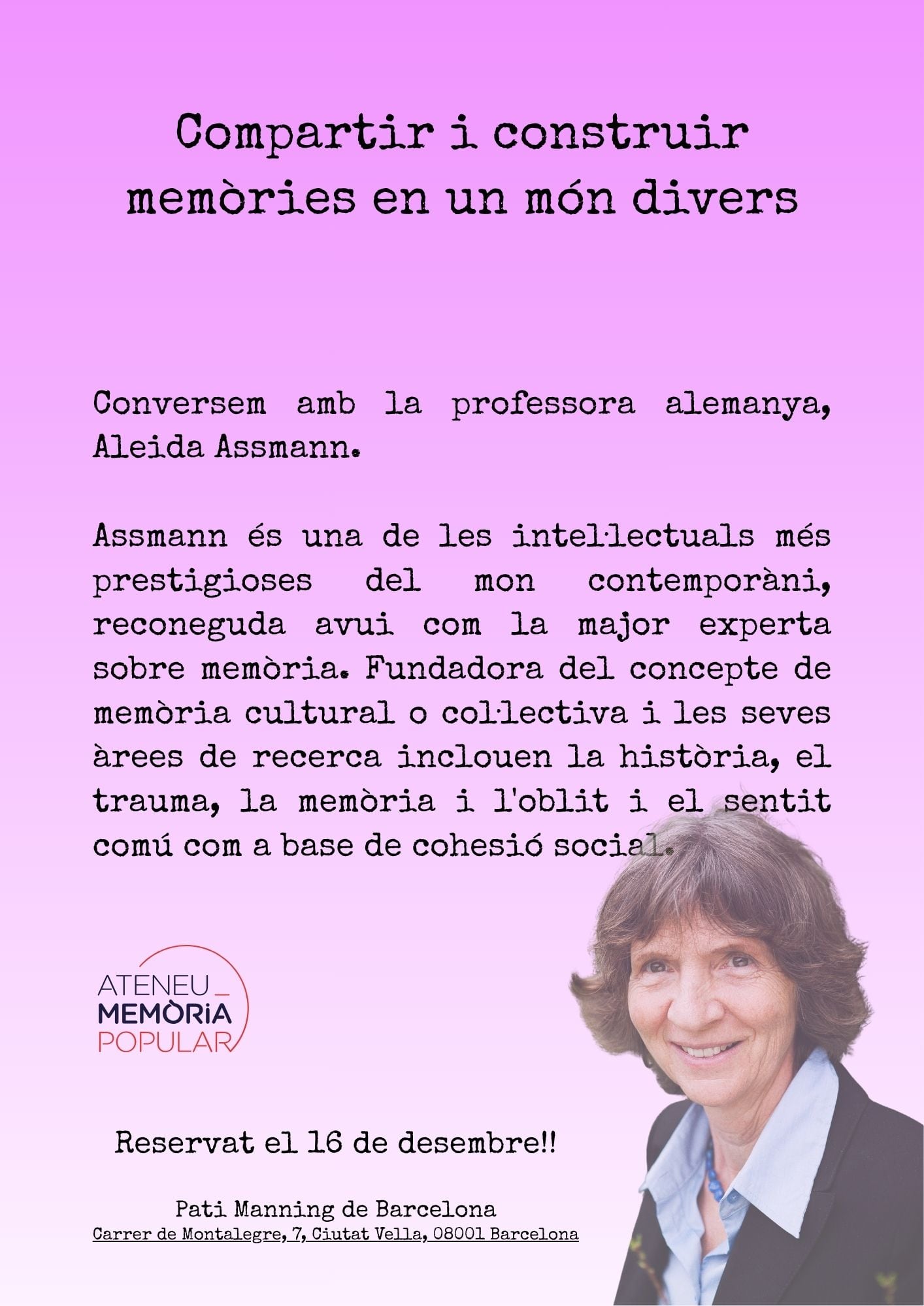 Conversem amb la professora alemanya, Aleida Assmann. Assmann és una de les intel·lectuals més prestigioses del món contemporani, reconeguda avui com la major experta sobre memòria. Fundadora del concepte de memòria cultural o col·lectiva i les seves àrees de recerca inclouen la història, el trauma, la memòria i l'oblit i el sentit comú com a base de cohesió social.